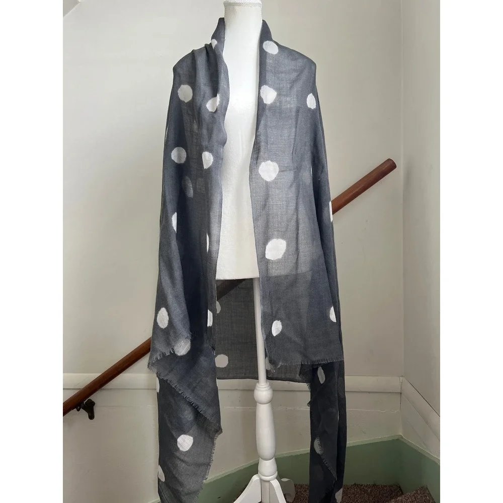 Galeries Lafayette Scarf Gray White Polka Dot Wool Frayed Fringe Wrap Shawl